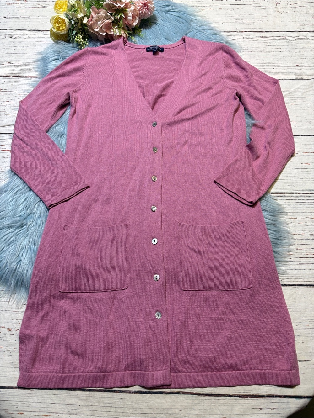 Chadwick’s of Boston Pink Button Front Long Pocket Cardigan Sweater sz M